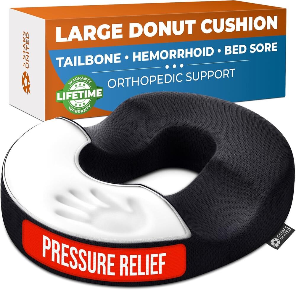 5 STARS UNITED Donut Pillow Hemorrhoid Tailbone Cushion–Large CushioN,Black Mesh